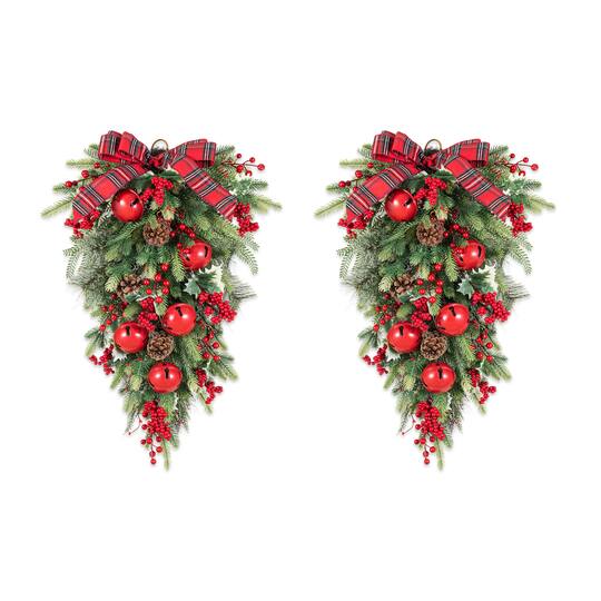 Glitzhome® 28" Christmas Bell Pinecone & Berry Bow Teardrop, Set of 2